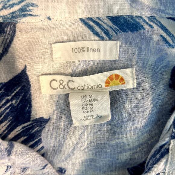 C&C California 100% Linen Top Women's M White Blue Floral Boho Resort Hawaiian - Picture 6 of 10